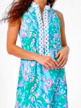 Lilly Pulitzer Sleeveless Shift Dress Blue Green Print Lace Trim
